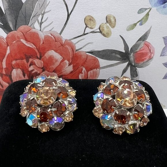 Vintage Amber Tones Aurora Borealis Dome CLIP Earrings 1960s - Picture 7 of 9